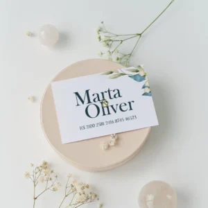 Tarjeta de cuenta bancaria para regalo de boda con los nombres 'Marta & Oliver' y número IBAN, decorada con un diseño floral en tonos azules y verdes, colocada sobre una base clara con flores blancas alrededor.
