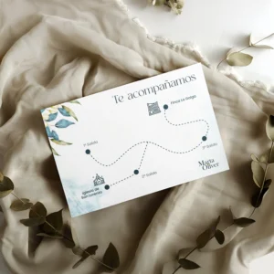 Plano de llegada para boda con diseño clásico, ilustraciones delicadas y detalles en acuarela azul, impreso sobre papel texturizado y acompañado de decoración con tela beige y hojas secas.