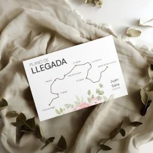 Plano de llegada para boda con diseño floral moderno, ilustraciones de flores en tonos pastel, fondo blanco texturizado y detalles elegantes, acompañado de tela beige y hojas secas decorativas.