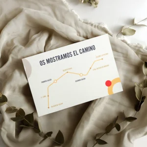 Plano de llegada para boda con diseño moderno en tonos amarillo y rojo, estilo gráfico informal sobre fondo blanco texturizado, decorado con tela beige y hojas secas.